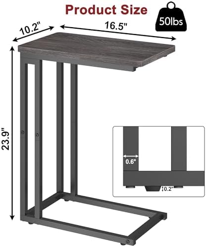 Yusong C Shaped End Table - Slide Under Sofa Couch Bed, Small Table for Small Spaces, Skinny Overbed, Coffee Drink Snack Table for Living Room, Grey Oak - Image 3