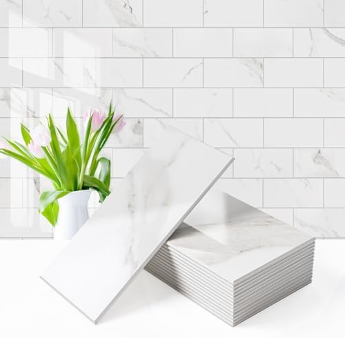 Vamos Tile 100-Piece Peel and Stick Backsplash Seamless Tile,3''x6'' Glossy Statury White Marble with White Grout PVC Subway Tile,Stick on Backsplash for Kitchen/Bathroom/Laundry Room by VamosTile