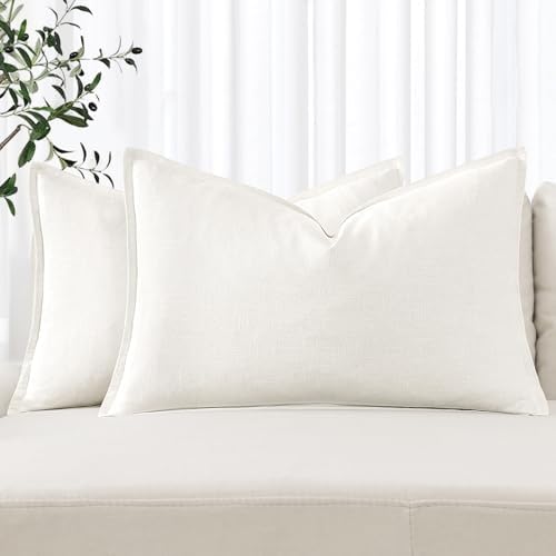 MIULEE Decorative Linen Lumbar Pillow Covers 12x20 Inch Cream White by MIULEE
