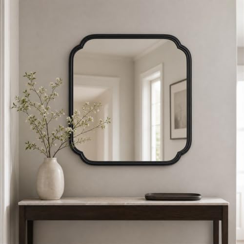 Ferytange 24 x 24 Inch Matte Black Metal Framed Bathroom Vanity Mirror, Rounded Rectangle Wall Mirror, Shatterproof HD Float Glass for Bedroom Living Room Horizontal/Vertical - Image 3