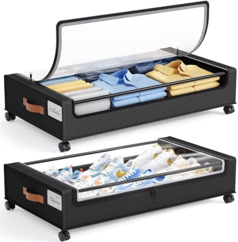 Yecaye Under Bed Storage with Wheels 60L, 2 Pack Under Bed Storage Containers, Underbed Shoe Storage with Clear Window & Label, Rolling Under Bed Metal Drawer for Clothes, Shoes, Books, Black by Yecaye