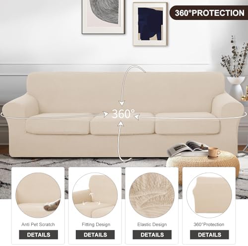 U-NICE HOME 4 Pieces Oversized Stretch Couch Cover Slipcover, Beige - Image 4