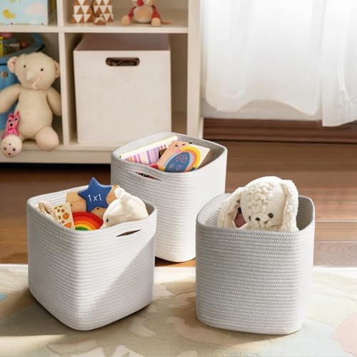 11x11x11 Cube Storage Bin - 3 Pack Woven Storage Cubes Organizer, 11 Inch White Cotton Rope Baskets for Organizing, Square Baskets for Shelves, Nursery Closet Bins, Cubby Toy Box Organizer - Image 7