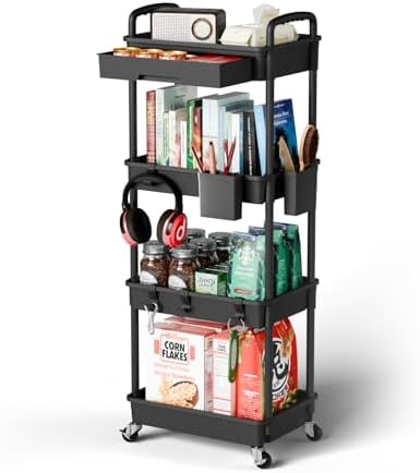 Sorgion 4 Tier Rolling Cart Organizer,Art Craft Diaper Bedside Snack Laundry Room Bathroom Organizer Narrow Thin Slim Rolling Trolley Utility Cart with Wheels for Kitchen,Office(Black) by Sorgion