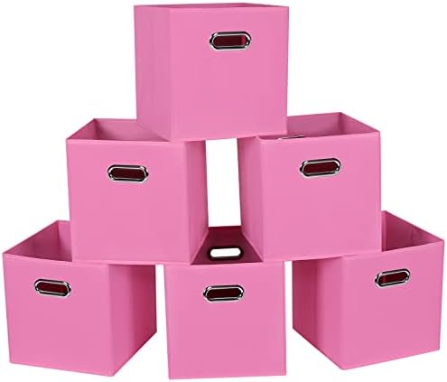 Fabric Cloth Storage Bins,Fabric Cube Bins Organizer with Dual Handles Foldable Cube Storage Baskets for Home Bedroom Storage,Set of 6,(Pink) by SEVENDOME