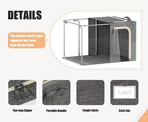 3 Openings Large Clothes Storage Bins with Metal Frame, Foldable Storage Bin for Clothes, Clothing Storage Bins with Lid, Linen Storage Box With Clear Window＆ Zippers＆ Handles.(3 Pcs,Dark Grey,66L) - Image 4