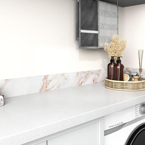 Wallercity Matte White/Gold Marble Print Wallpaper Border Roll for Mirror Frame Peel and Stick Wallpaper Border Stickers Board Trim Moulding Sticker Marble Contact Paper for Wall Decor 3.94''x197'' - Image 2