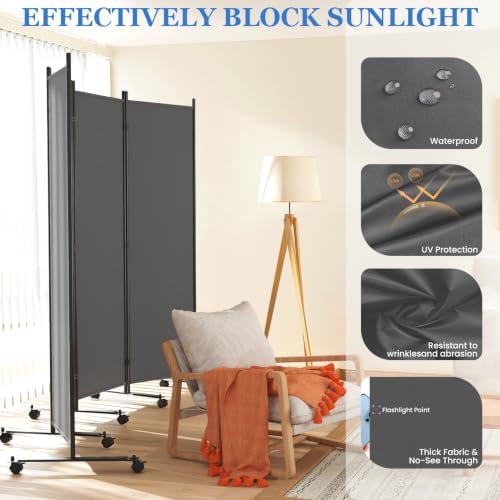 SUNALLY Room Divider Privacy Screens, 4 Panels Dividers with Wheels, Grey - Image 3