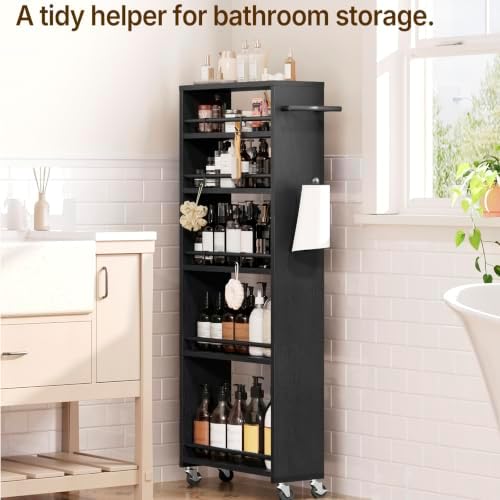 YATINEY 6 Tier Slim Storage Cart, Narrow Kitchen Cart with Wheels, Rolling Utility Cart with Handle and 6 Hooks, Space Saving Organizer for Kitchen, Bathroom, Laundry Room, Black BC11BB - Image 5