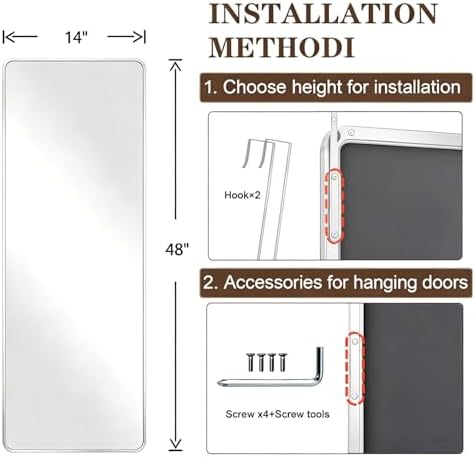 DMWOODFL 48"x14" Rounded Rectangle Over The Door Mirror - Full Length Tempered Glass & Aluminum Frame, No Drill Installation for Bedroom, Bathroom, Closet, Entryway (Silver White) - Image 2