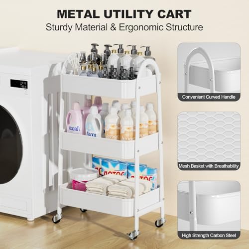 EAGMAK 3 Tier Rolling Cart Under Desk, Large Metal Storage Cart with Handle and Lockable Wheels, Big Multifunctional Storage Organizer Trolley for Kitchen, Living Room, Office, Garage (White) - Image 3