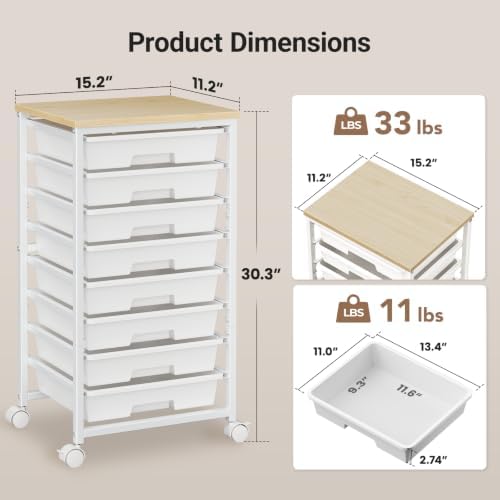 Pipishell Rolling Cart with 8 Drawers for Classroom, Craft & Art Room,White - Image 4