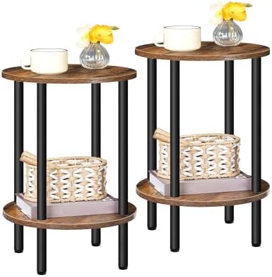 CHOEZON Side Table Set of 2, 2-Tier Round End Table, Small Nightstand with Sturdy Metal Tube, Industrial Coffee Table, for Living Room, Bedroom, Rustic Brown and Black TBZ01P2BF - Image 6