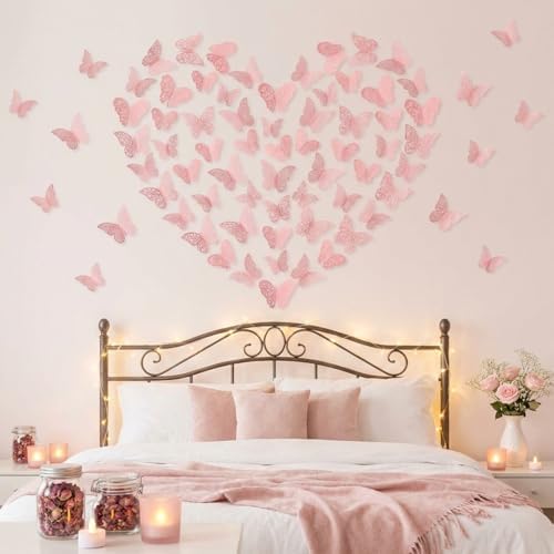 Bememo 72 Pcs 3D Butterfly Wall Decals, 3 Sizes,Light Pink | Metallic Hollow Design for Bedroom Living Room, Removable Adhesive Wall Decor, Easy Peel Stick Party Decoration Stickers - Image 5