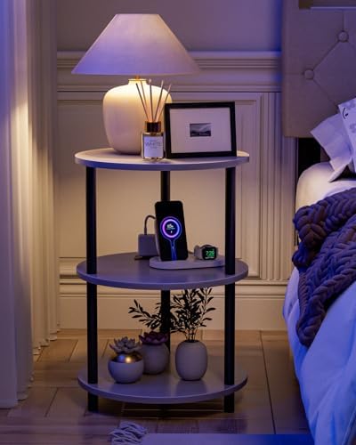 XBurmo Small Round End Table - 3 Tier Design Accent Table, Narrow Side or Bedside Stand, Industrial Vintage Table for Small Spaces, Built-in USB Ports and Power Outlet, Greige - Image 5