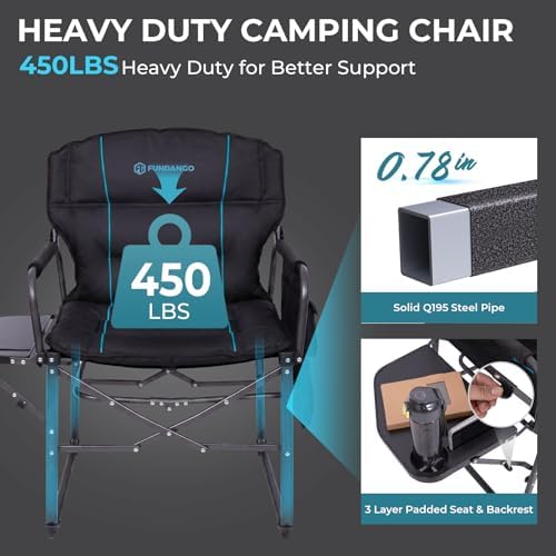 FUNDANGO Oversized Folding Chairs for Outside, Fully Padded Camping Director Chair for Adults, Support 450lbs Portable lawn chairs with Side Table, Side Pockets for outdoor Camp, Picnic, Lawn, Concert - Image 6