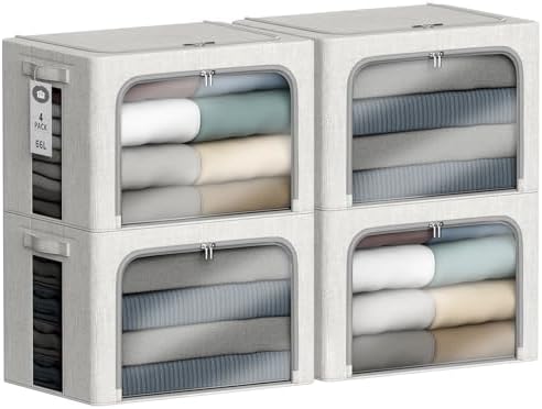 4 Pack Clothes Storage Bins with Metal Frame - 66L Stackable Storage Box with Lid，Foldable Storage Container Organizer for Clothes，Linen Fabric Storage Box with Clear Window＆Zippers＆Handles by Chizjox