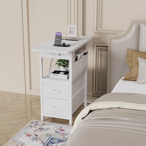 Yenlure Small Side Table with Charging Station, Narrow Nightstand Bedside Tables with Storage Pocket for Living Room Bedroom, Sofa End Table with USB Ports and Power Outlets for Small Spaces - Image 2