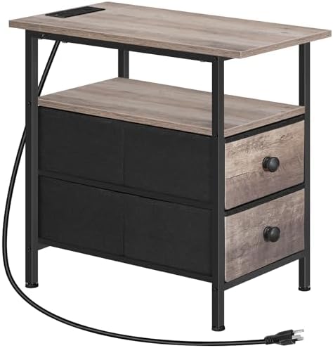 HOOBRO End Table with Charging Station, Narrow Side Table, Nightstand with 2 Non-Woven Drawers, Slim Sofa Side Table, for Small Spaces, Living Room, Bedroom, Greige and Black BG486UBZ01 by HOOBRO