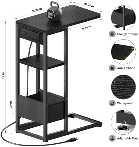 C Shaped End Table with Charging Station, Small Side Table for Couch Recliner, Slide Under Sofa Desk Snack Tables with Storage Bag & AC / USB Outlet, Small Spaces Drink Tables for Living Room, Bedroom - Image 3
