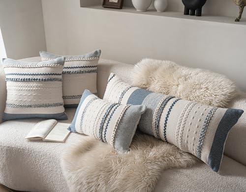 Cethom Boho Lumbar Pillow Covers 14x36 Inch Long, Blue Textured Decorative Couch Pillow Cases for Farmhouse Home Decor, Accent Cushion Cover for Sofa, Bed, Living Room, Bedroom, Pack of 1 - Image 2