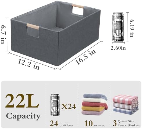 Foldable Fabric Storage Cubes, 2 Packs Cloth Storage Baskets with Wooden Handles, Collapsible Shelf Closet Organizer Bins, Rectangular Storage Boxes for Decor (Gray 2 Pack) - Image 3