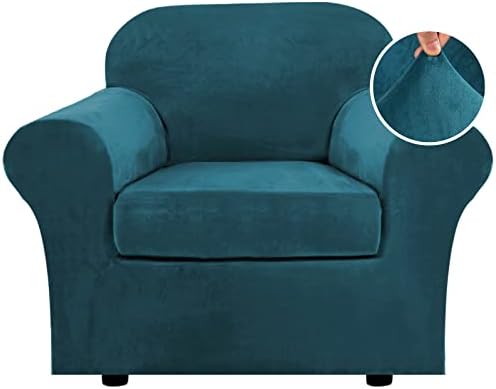 H.VERSAILTEX Rich Velvet Stretch 2 Piece Cover Chair Slipcover Sofa Cover Furniture Protector Couch Soft with Elastic Bottom Chair Couch Cover with Arms Width Up to 49 Inch(Chair, Deep Teal) by HVERSAILTEX