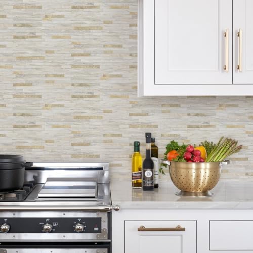 STICKGOO 2 Sheets Peel and Stick Backsplash Tile, Stick on Backsplash for Kitchen and Bathroom, Sunny Beige Look PVC Mixed Metal Gold Self Adhesive Wall Tiles - Image 5