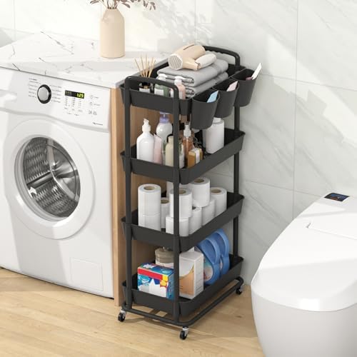 JIUYOTREE 4-Tier Plastic Rolling Storage Cart Utility Cart with Extra Hanging Cups Handles Lockable Wheels for Living Room Bathroom Kitchen Office Black - Image 3
