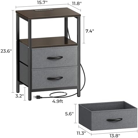 Huuger Nightstand with Charging Station, Side Table with Fabric Drawers - Image 3