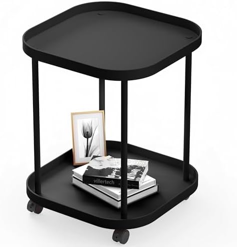 Side Table with Wheels, 2-Tier End Table Small Night Stand by villertech