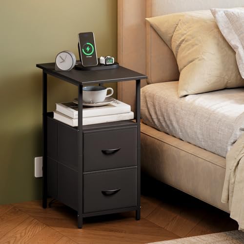 Somdot Narrow End Table with Charging Station, 2 Drawers, Slim Side Table - Image 7