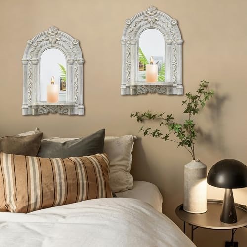 2 Set Vintage Candle Wall Sconce for Home Decor Living Room Bedroom Office Wood Antique Mirrored Victorian Mounted Candlestick Wall Holder Relief Hanging Decor -White 11.8in - Image 4