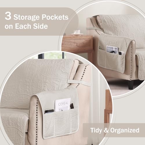 Beige Quilted Recliner Chair Covers, Water-Repellent Recliner Slipcovers, Lazy Boy Chair Covers, Pet Friendly Recliner Covers for Dog, Washable Armchair Protector (Recliner 22", Beige Cream) - Image 4