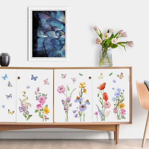 Yovkky Watercolor Wildflower Wall Decals Stickers, Rose Poppy Flowers | Butterfly Home Girls Bedroom Decor, Spring Summer Floral Living Room Kitchen Decorations Art - Image 4