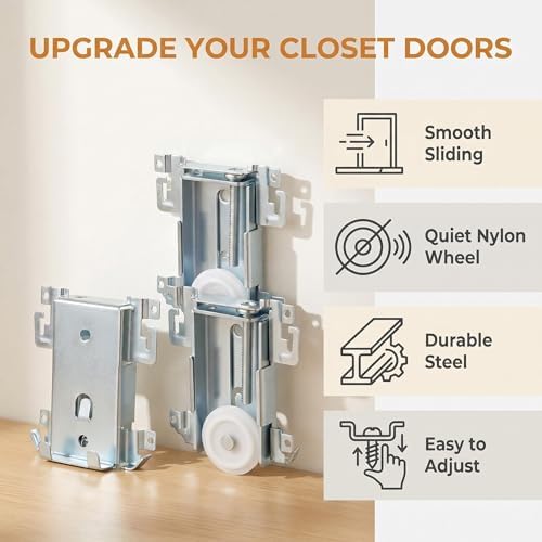 4 Pcs Newly upgraded 1-7/16 Inch Sliding Mirror Closet Door Roller Assembly – Steel-Framed Bottom Roller Replacement with Nylon Flat Wheels for Mirror Wardrobe Doors – Smooth & Quiet Operation - Image 2