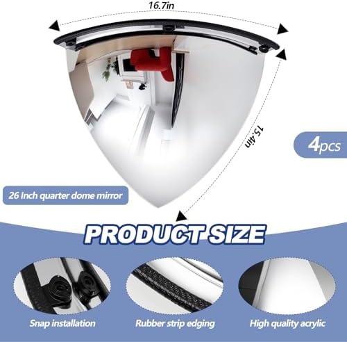 Suzile 4 Pieces 26 Inch Acrylic Quarter Dome Mirror Convex Corner Safety Mirror High Viewing Angle Blindspot for Wall Warehouses Offices Retail Stores Parking Garages - Image 2