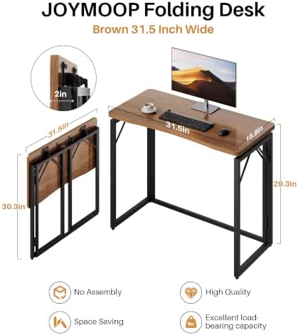 JOYMOOP 31.5" Brown Folding Desk, No Assembly, Wooden Top, Small Size - Image 3