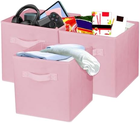 3 Pcs Storage Cubes, 10.5 Inch Collapsible Storage Bins, Fabric Foldable Bins for Organization, Durable Storage Bins for Closet, Shelves, Offices (Pink) by Zuihug
