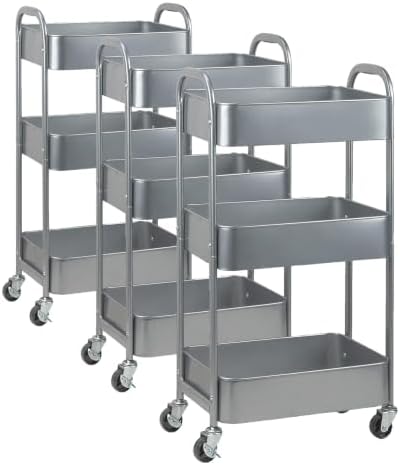 MAX Houser 3-Tier Rolling Utility Cart with Caster Wheels,Easy Assembly, for Kitchen, Bathroom (Silvery-Grey) (Pack of 3) by MAXHouser