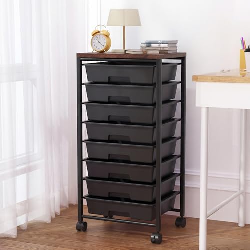 Rolling Cart with 8 Drawers, Storage Drawers Cart with Wooden Tabletop and Lockable Wheels, Craft Storage for Living Room, Office, Classroom, Craft Room, Bedroom (Black) by Unknown
