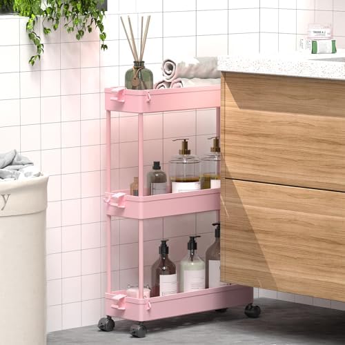 SPACEKEEPER Slim Rolling Storage Cart, 3 Tier Bathroom Cart Organizer, Pink - Image 4