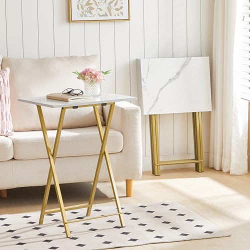 HOOBRO Folding TV Tray Tables, Set of 4 TV Trays with Storage Rack, Industrial Side Table for Eating at Couch, Foldable Snack Table for Small Space, Easy Assembly, Marble and Gold DM50BZ01 - Image 2