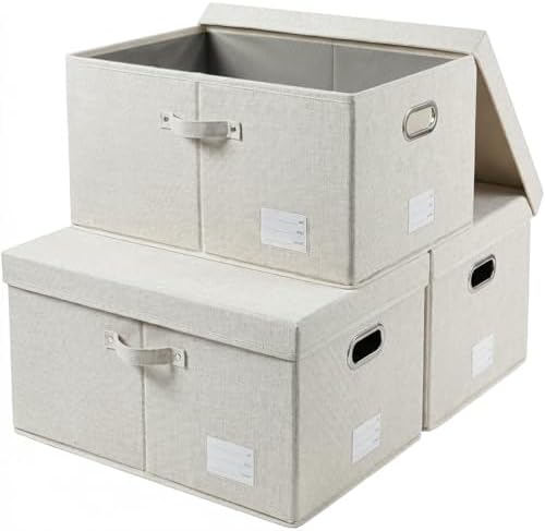 PRANDOM Storage Bins with Lids [3-Pack] Linen Fabric Foldable Storage Boxes Organizer Containers Baskets Cube with Cover for Bedroom Closet Office Beige (23.4X15.9X11.4) by Prandom