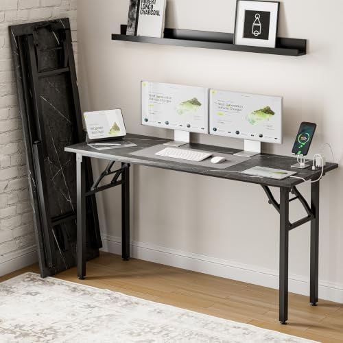 Frylr Small Folding Computer Desk – 55.1 Inch Portable Table for Craft and Study, Lightweight Desk for Small Spaces, Foldable Laptop Table Built-in AC/USB Outlets for Convenience, Marble Greige by Frylr