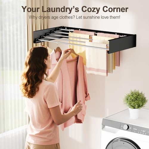 Wall Mounted Clothes Drying Rack Folding Indoor, Foldable Laundry Drying Rack Collapsible,Invisible, Space Saving, Retractable Towel Drying Rack, with Wall Template(6 Drying Rods, Black 40") - Image 2