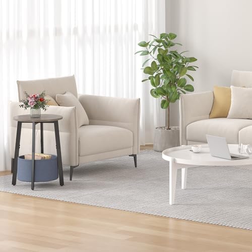 sthmec Small Round Side End Table Set of 2 with Cloth Storage Basket, Round Bedside Sofa Couch Coffee Tables for Small Places with Metal Frame, Modern Nighstands for Living Room Bedroom,Grey - Image 5