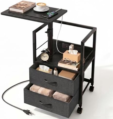 Faesun Swivel Lift Top Nightstand with Charging Station, Rolling Side Table for Recliner, Bedside Table with Wheels & 2 Fabric Drawers, for Small Spaces, for Bedroom, Living Room, Black Gray by Faesun