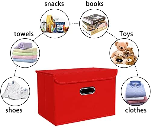Linen Fabric Foldable Collapsible Storage Cube Bin Organizer Basket Fabric Storage Bins with Lid, Leather Handles, Removable Divider for Home, Closet, Red 3Pcs - Image 3