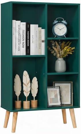 YAHARBO Small Dark Green Bookshelf,3 Tier Modern Kids Bookcase with Legs,5 Cube Wooden Bookshelves Storage Shelf,Book Shelves Organizer,Display Bookcases Cabinet for Room Nursery Study by YAHARBO